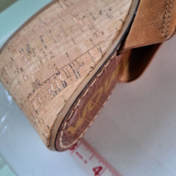 Sam Edelman Sandals Womens 8 Tan Suede Open-Toe Cork Wedge Slip-on - Picture 4 of 7